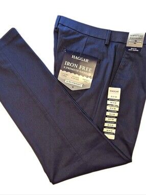 Haggar Mens 30Wx30L Iron Free Slim-Straight Pants Navy Blue NEW Sku749